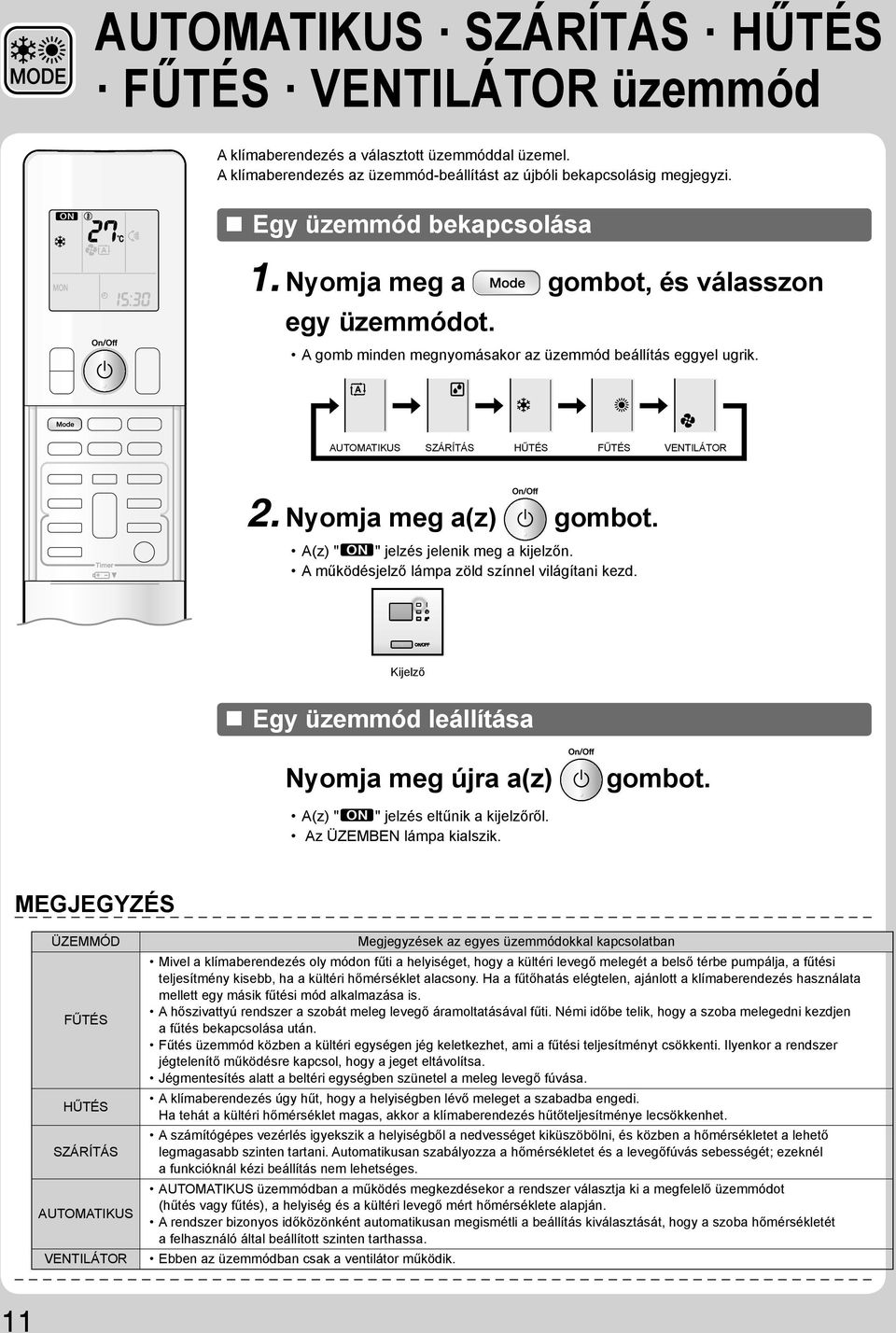 Nyomja meg a(z) gombot. A(z) " " jelzés jelenik meg a kijelzőn. A működésjelző lámpa zöld színnel világítani kezd. Kijelző Egy üzemmód leállítása Nyomja meg újra a(z) gombot.