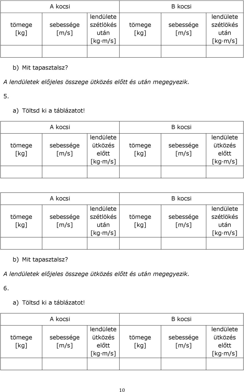 A kocsi B kocsi tömege [kg] sebessége [m/s] lendülete ütközés előtt [kg m/s] tömege [kg] sebessége [m/s] lendülete ütközés előtt [kg m/s]  A lendületek előjeles összege ütközés előtt és után