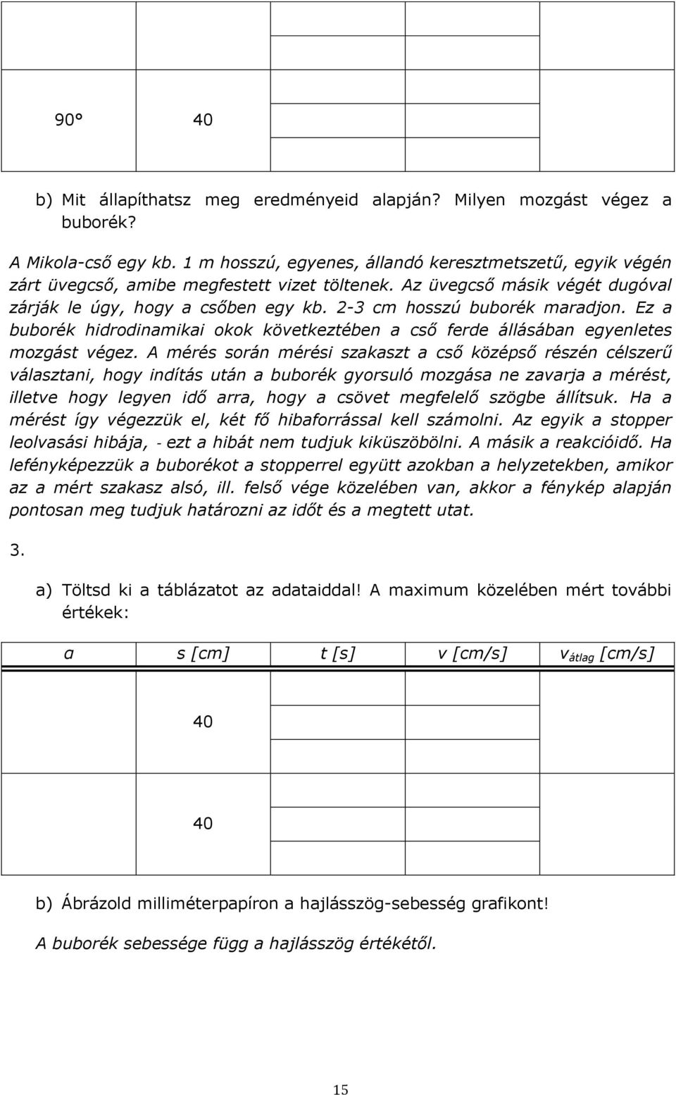 2-3 cm hosszú buborék maradjon. Ez a buborék hidrodinamikai okok következtében a cső ferde állásában egyenletes mozgást végez.