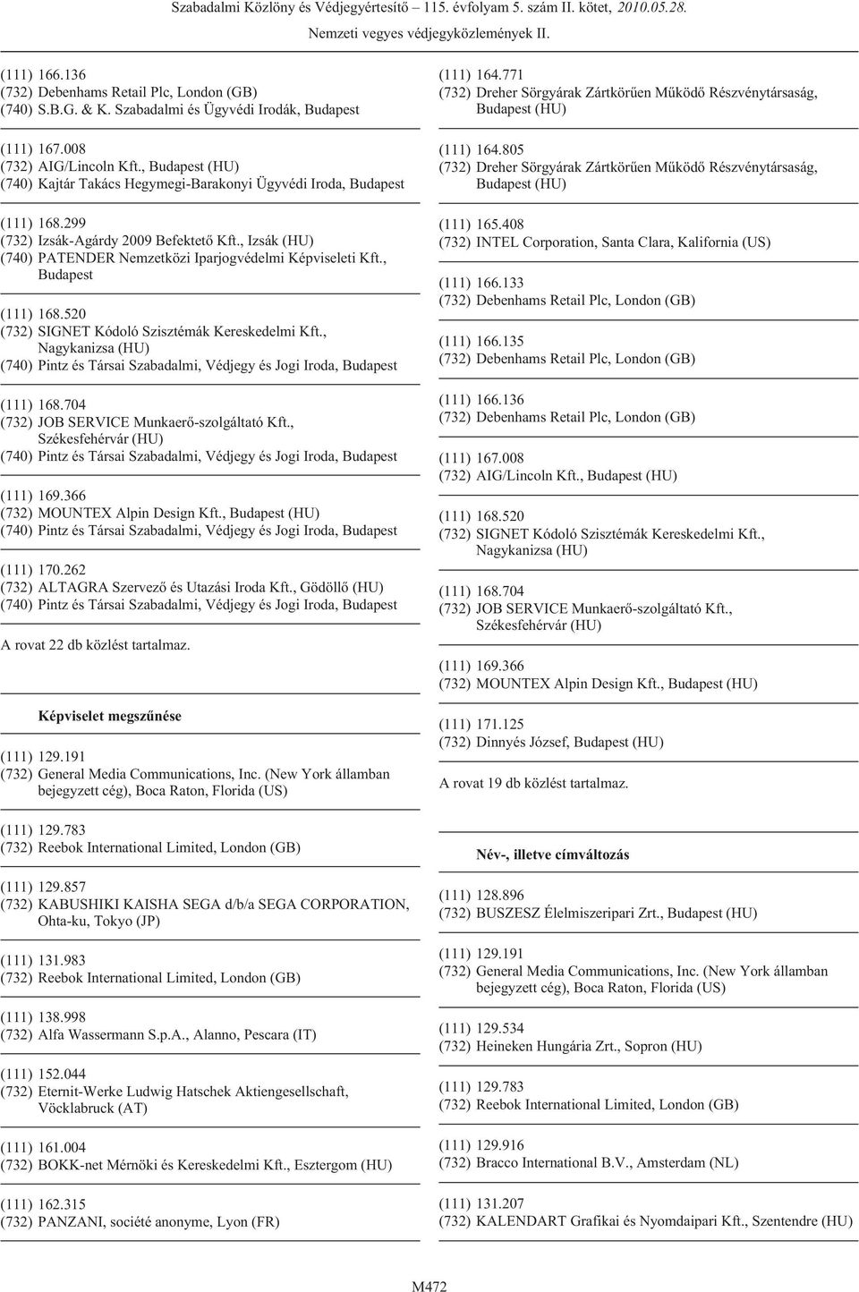 704 (732) JOB SERVICE Munkaerõ-szolgáltató Kft., Székesfehérvár (HU) (111) 169.366 (732) MOUNTEX Alpin Design Kft., (111) 170.262 (732) ALTAGRA Szervezõ és Utazási Iroda Kft.