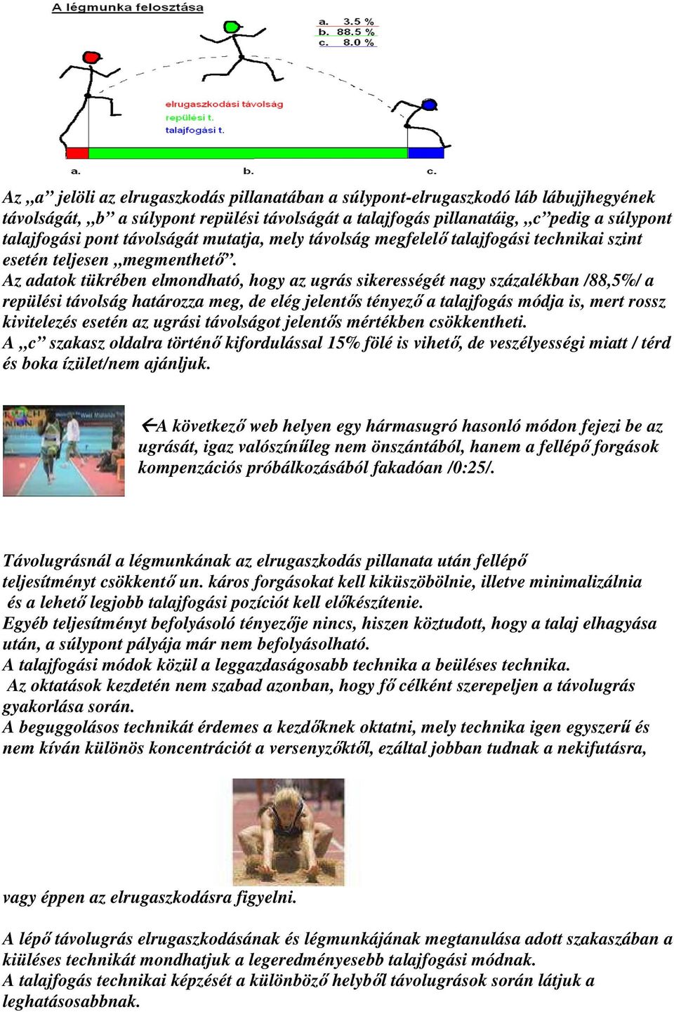 Az adatok tükrében elmondható, hogy az ugrás sikerességét nagy százalékban /88,5%/ a repülési távolság határozza meg, de elég jelentıs tényezı a talajfogás módja is, mert rossz kivitelezés esetén az