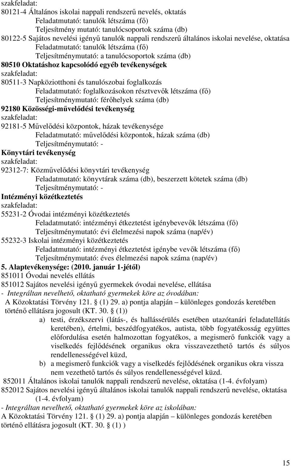 szakfeladat: 80511-3 Napköziotthoni és tanulószobai foglalkozás Feladatmutató: foglalkozásokon résztvevık létszáma (fı) Teljesítménymutató: férıhelyek száma (db) 92180 Közösségi-mővelıdési