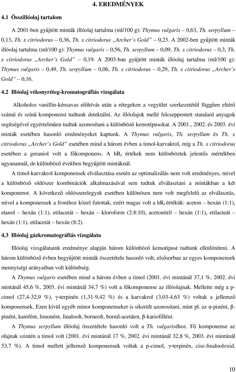 A 2003-ban gyűjtött minták illóolaj tartalma (ml/100 g): Thymus vulgaris 0,49, Th. serpyllum 0,06, Th. x citriodorus 0,29, Th. x citriodorus Archer s Gold 0,16. 4.