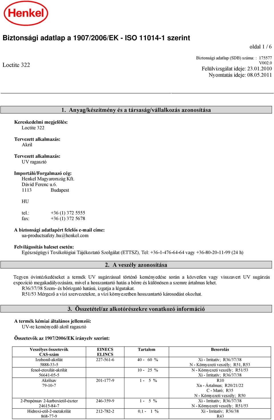 : +36 (1) 372 5555 fax: +36 (1) 372 5678 A biztonsági adatlapért felelős e-mail címe: ua-productsafety.hu@henkel.com 1.