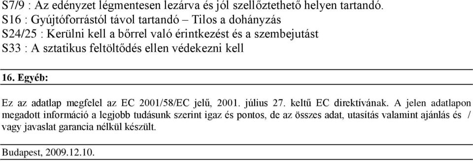 sztatikus feltöltődés ellen védekezni kell 16. Egyéb: Ez az adatlap megfelel az EC 2001/58/EC jelű, 2001. július 27.