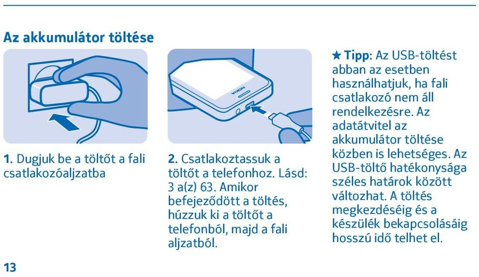 Tipp: Az USB-töltést abban az esetben használhatjuk, ha fali csatlakozó nem áll rendelkezésre.