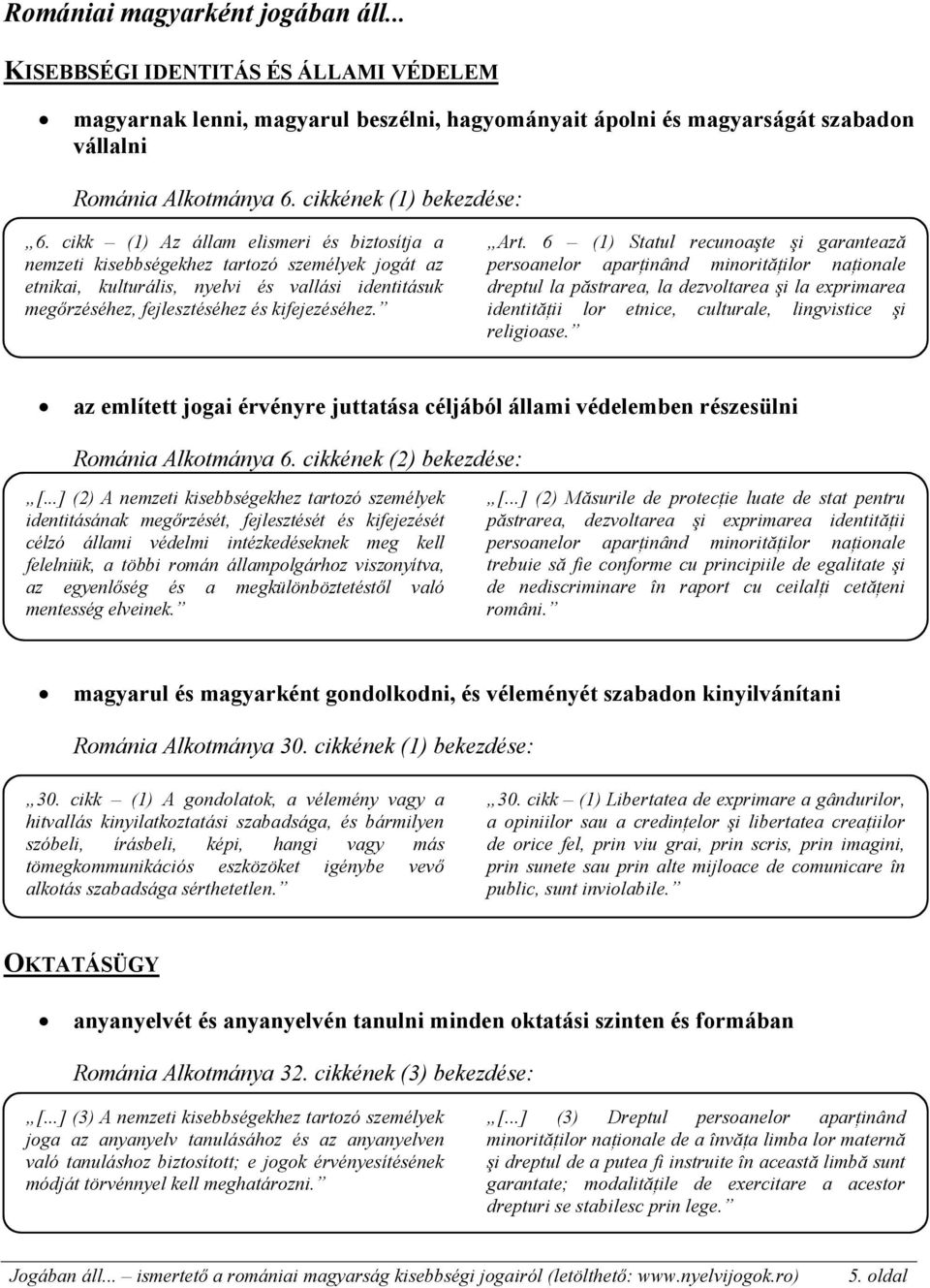 cikk (1) Az állam elismeri és biztosítja a nemzeti kisebbségekhez tartozó személyek jogát az etnikai, kulturális, nyelvi és vallási identitásuk megőrzéséhez, fejlesztéséhez és kifejezéséhez. Art.