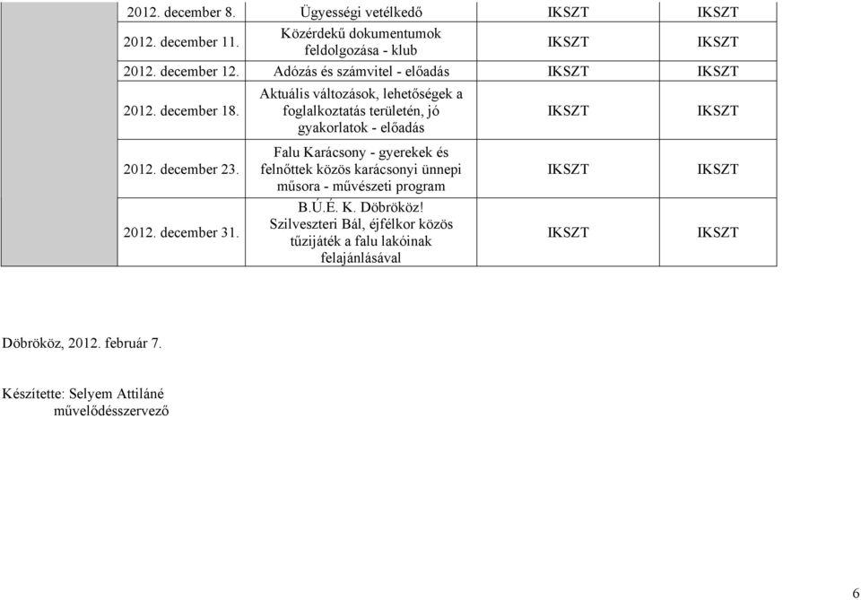 Falu Karácsony - gyerekek és felnőttek közös karácsonyi ünnepi műsora - művészeti program 2012. december 31. B.Ú.É. K. Döbrököz!