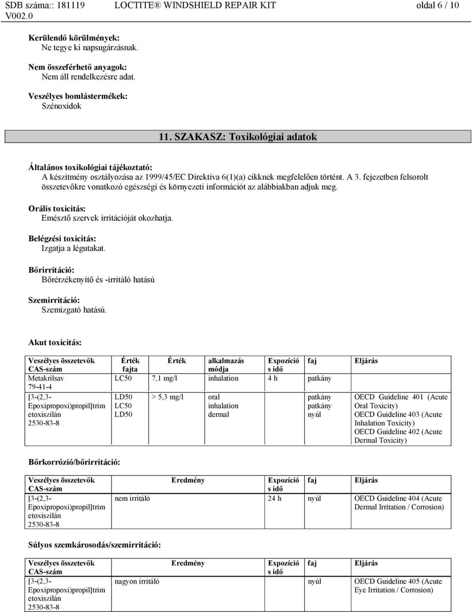 fejezetben felsorolt összetevőkre vonatkozó egészségi és környezeti információt az alábbiakban adjuk meg. Orális toxicitás: Emésztő szervek irritációját okozhatja.