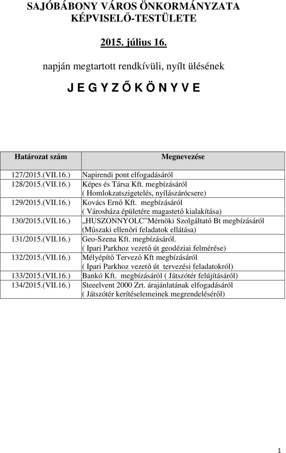 (VII.16.) Geo-Szena Kft. megbízásáról. ( Ipari Parkhoz vezető út geodéziai felmérése) 132/2015.(VII.16.) Mélyépítő Tervező Kft megbízásáról ( Ipari Parkhoz vezető út tervezési feladatokról) 133/2015.