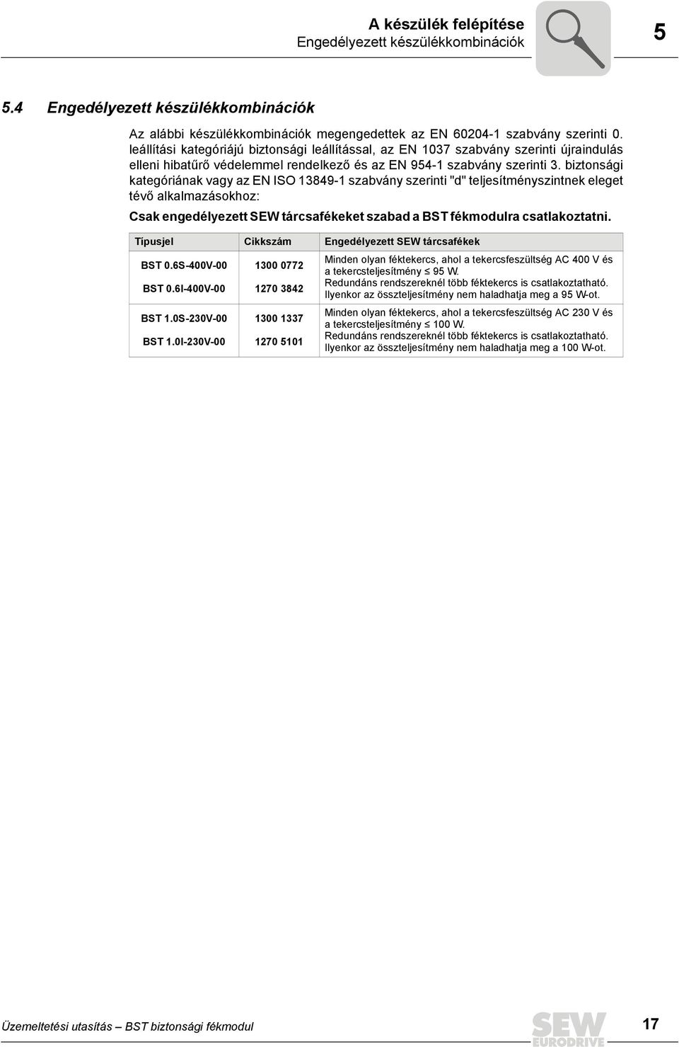 biztonsági kategóriának vagy az EN ISO 13849-1 szabvány szerinti "d" teljesítményszintnek eleget tévő alkalmazásokhoz: Csak engedélyezett SEW tárcsafékeket szabad a BST fékmodulra csatlakoztatni.