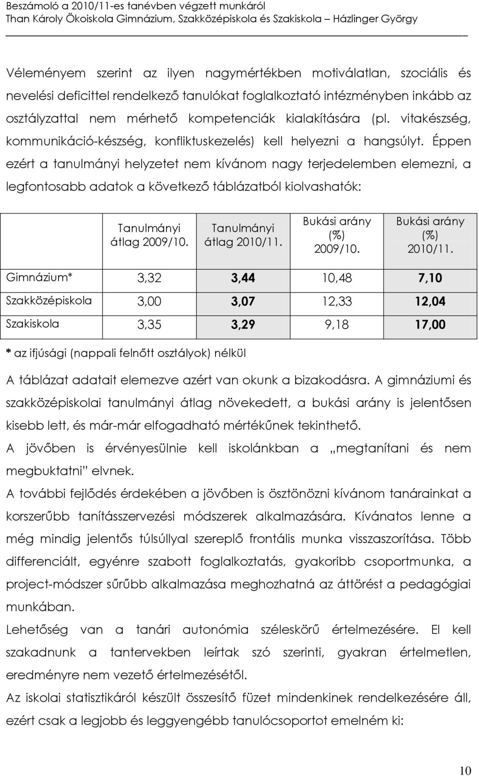 Éppen ezért a tanulmányi helyzetet nem kívánom nagy terjedelemben elemezni, a legfontosabb adatok a következő táblázatból kiolvashatók: Tanulmányi átlag 2009/10. Tanulmányi átlag 2010/11.