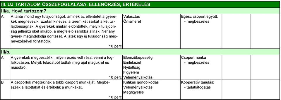 Néhány gyerek megindokolja döntését. A játék egy új tulajdonság megnevezésével folytatódik. III/b.