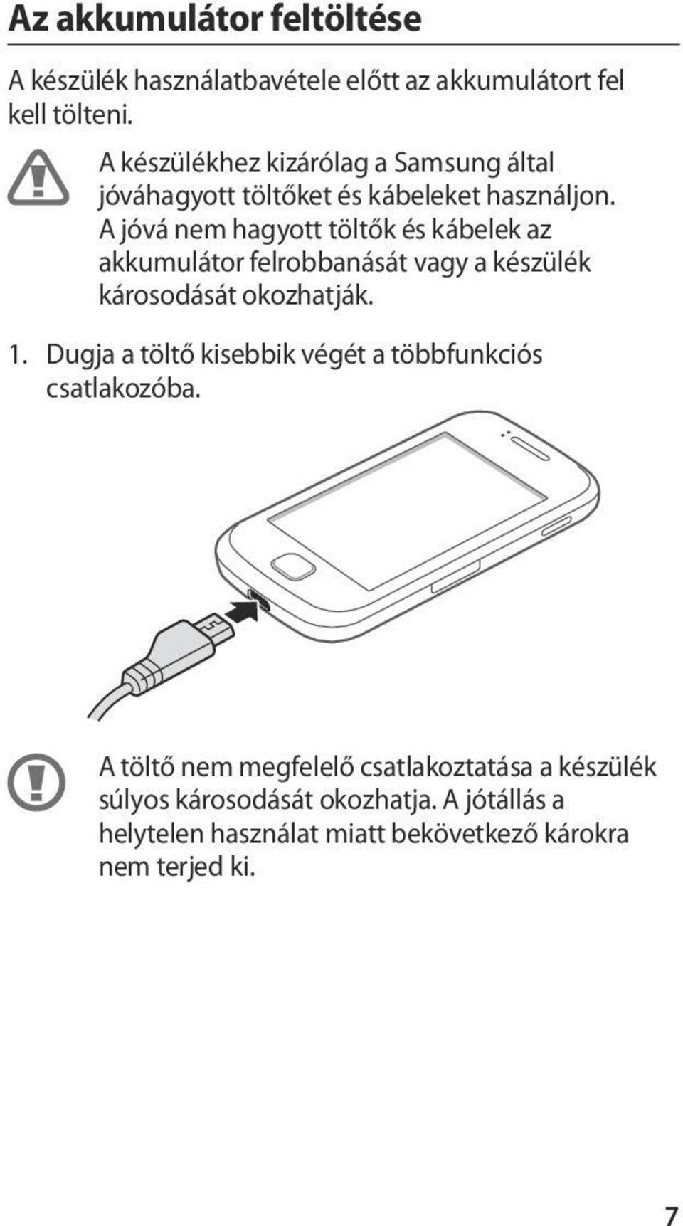 A jóvá nem hagyott töltők és kábelek az akkumulátor felrobbanását vagy a készülék károsodását okozhatják. 1.