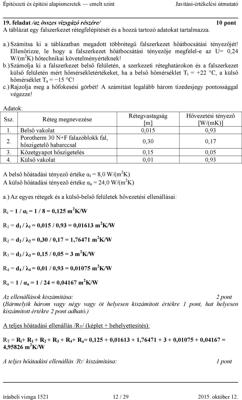 ) Számolja ki a falszerkezet belső felületén, a szerkezeti réteghatárokon és a falszerkezet külső felületén mért hőmérsékletértékeket, ha a belső hőmérséklet T i = +22 C, a külső hőmérséklet T a = 15