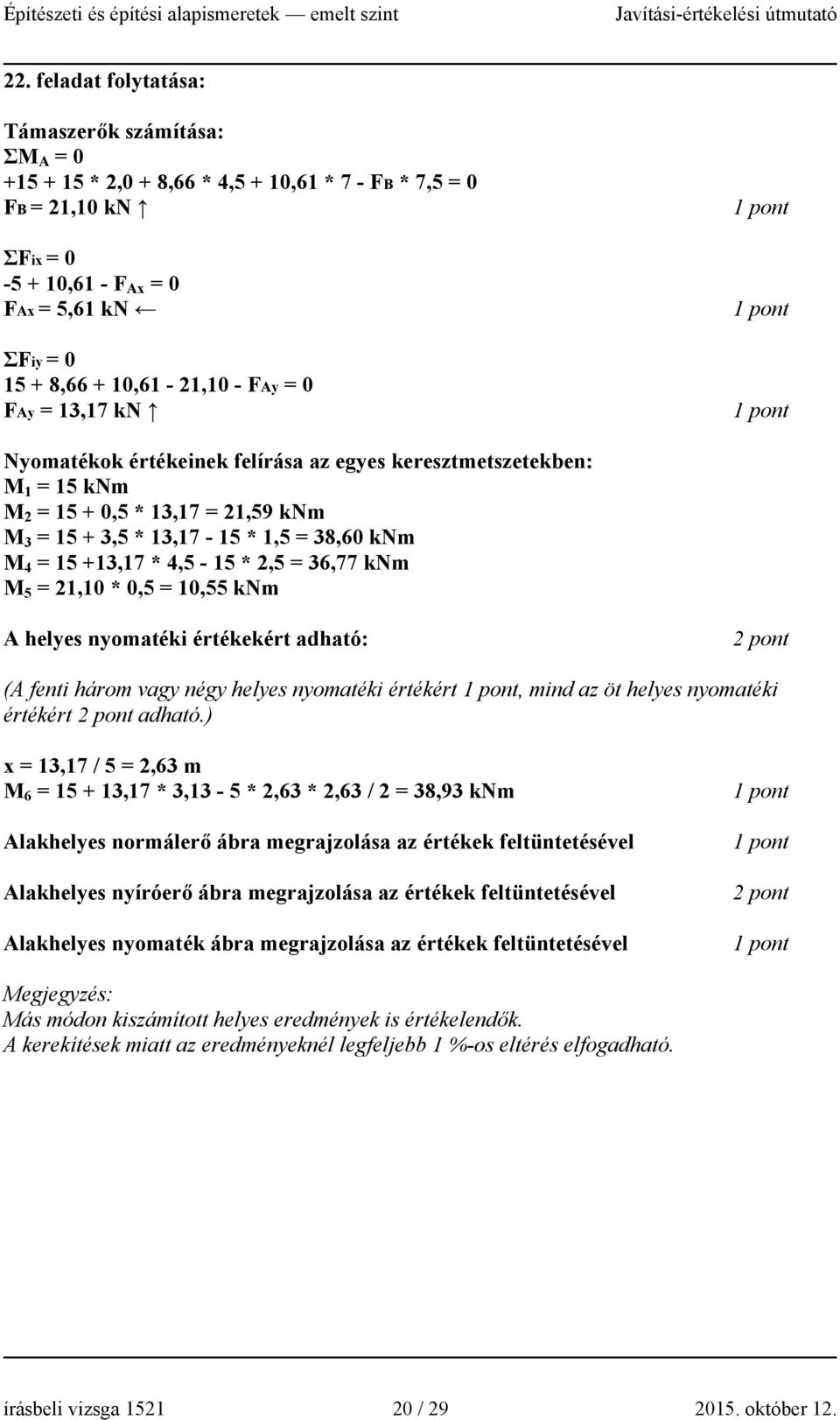 +13,17 * 4,5-15 * 2,5 = 36,77 knm M 5 = 21,10 * 0,5 = 10,55 knm A helyes nyomatéki értékekért adható: 2 pont (A fenti három vagy négy helyes nyomatéki értékért, mind az öt helyes nyomatéki értékért 2