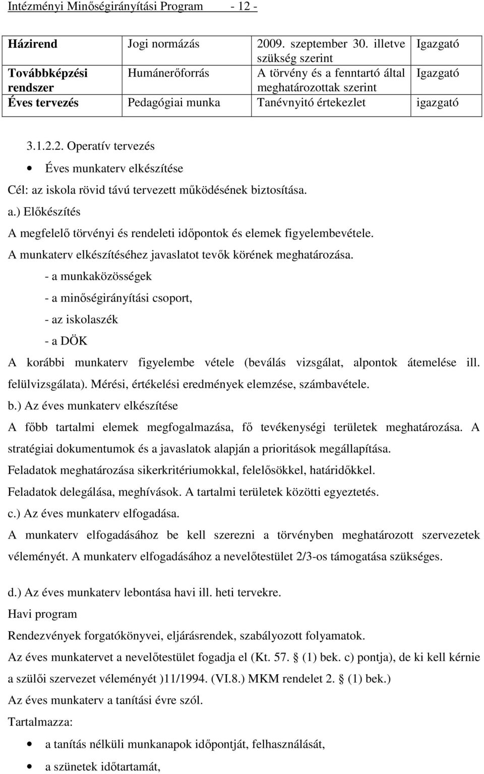 1.2.2. Operatív tervezés Éves munkaterv elkészítése Cél: az iskola rövid távú tervezett működésének biztosítása. a.) Előkészítés A megfelelő törvényi és rendeleti időpontok és elemek figyelembevétele.