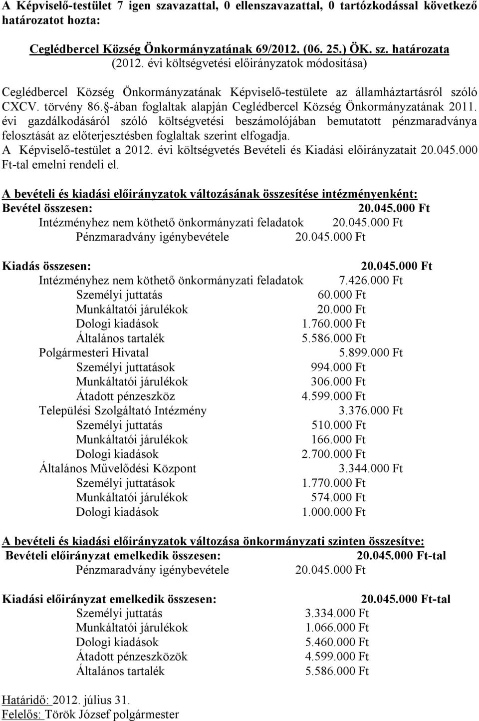 -ában foglaltak alapján Ceglédbercel Község Önkormányzatának 2011.