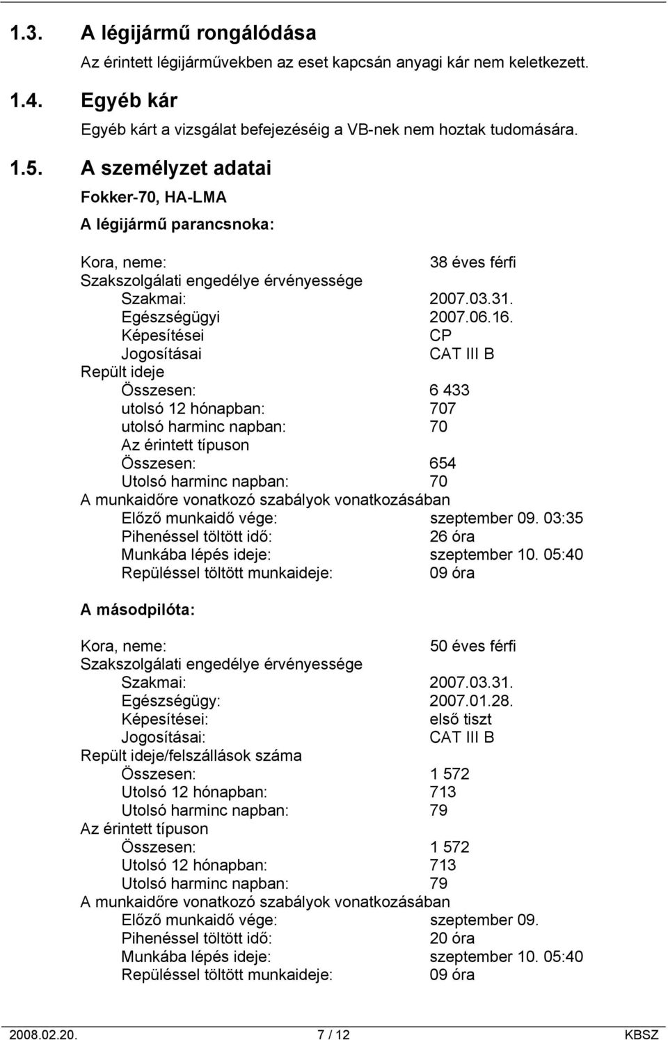 Képesítései CP Jogosításai CAT III B Repült ideje Összesen: 6 433 utolsó 12 hónapban: 707 utolsó harminc napban: 70 Az érintett típuson Összesen: 654 Utolsó harminc napban: 70 A munkaidőre vonatkozó