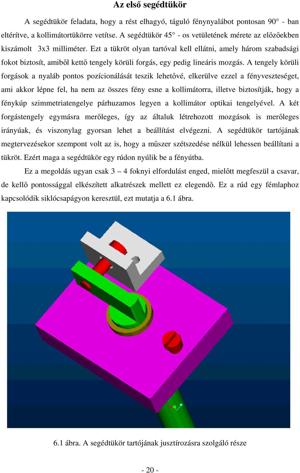 Ezt a tükröt olyan tartóval kell ellátni, amely három szabadsági fokot biztosít, amiből kettő tengely körüli forgás, egy pedig lineáris mozgás.