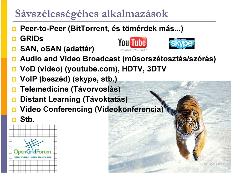 VoD (video) (youtube.com), HDTV, 3DTV VoIP (beszéd) (skype, stb.