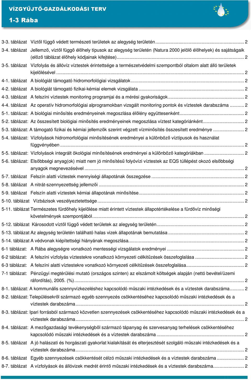 táblázat Vízfolyás és állóvíz víztestek érintettsége a természetvédelmi szempontból oltalom alatt álló területek kijelölésével... 2 4-1. táblázat A biológiát támogató hidromorfológiai vizsgálatok.