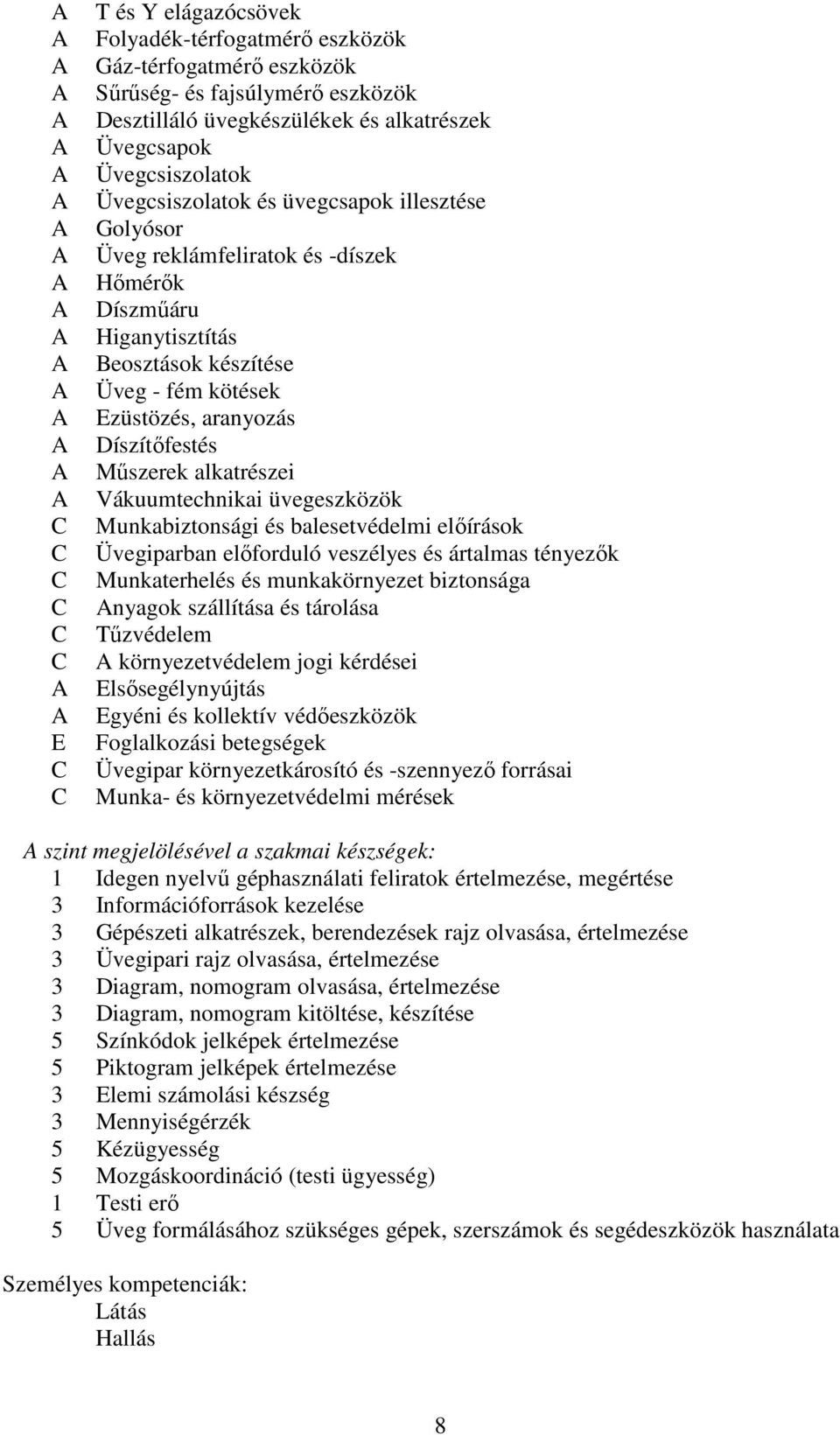 Vákuumtechnikai üvegeszközök Munkabiztonsági és balesetvédelmi előírások Üvegiparban előforduló veszélyes és ártalmas tényezők Munkaterhelés és munkakörnyezet biztonsága nyagok szállítása és tárolása