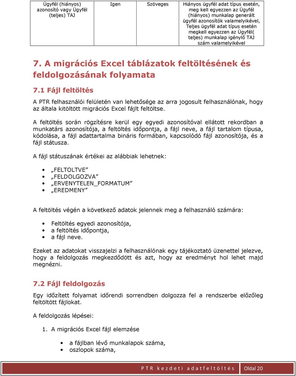 1 ájl feltöltés A PTR felhasználói felületén van lehetősége az arra jogosult felhasználónak, hogy az általa kitöltött migrációs Excel fájlt feltöltse.