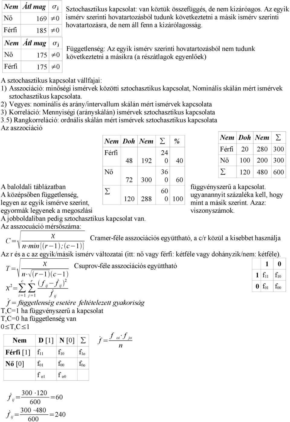 Függetlenség: Az egyik ismérv szerinti hovatartozásból nem tudunk következtetni a másikra (a részátlagok egyenlőek) A sztochasztikus kapcsolat vállfajai: ) Asszociáció: minőségi ismérvek közötti