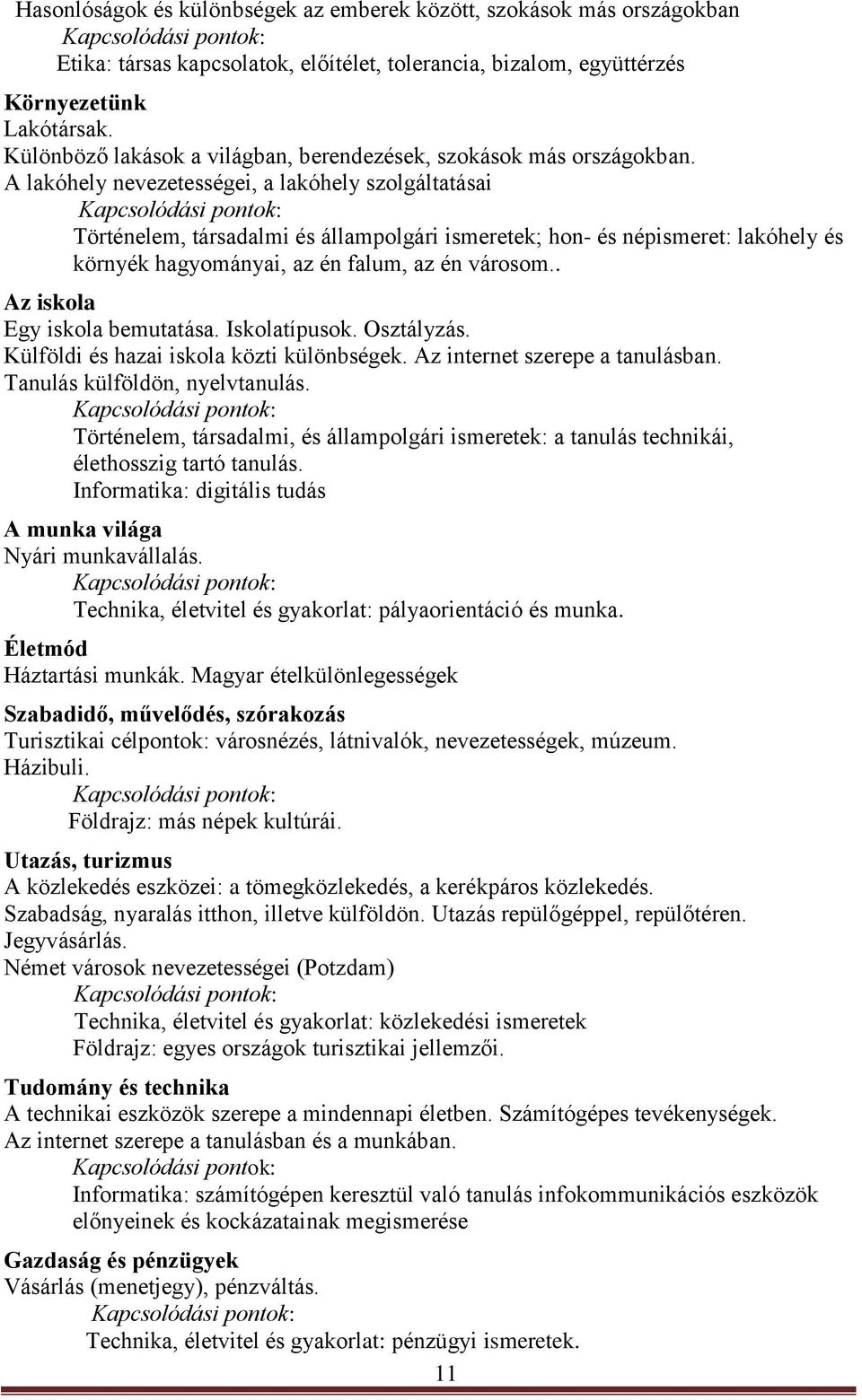 A lakóhely nevezetességei, a lakóhely szolgáltatásai Történelem, társadalmi és állampolgári ismeretek; hon- és népismeret: lakóhely és környék hagyományai, az én falum, az én városom.