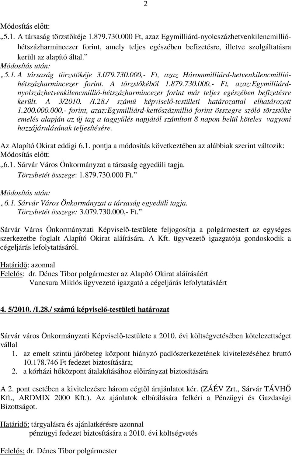 A társaság törzstőkéje 3.079.730.000,- Ft, azaz Hárommilliárd-hetvenkilencmillióhétszázharmincezer forint. A törzstőkéből 1.879.730.000,- Ft, azaz:egymilliárdnyolszázhetvenkilencmillió-hétszázharmincezer forint már teljes egészében befizetésre került.