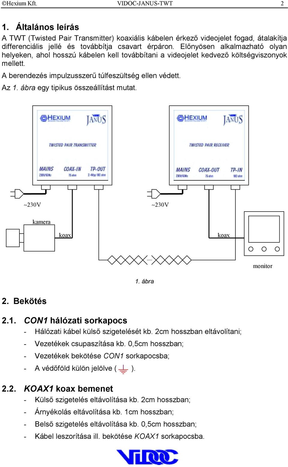 ábra egy tipikus összeállítást mutat. 230V 230V kamera koax koax monitor 1. ábra 2. Bekötés 2.1. CON1 hálózati sorkapocs - Hálózati kábel külső szigetelését kb.