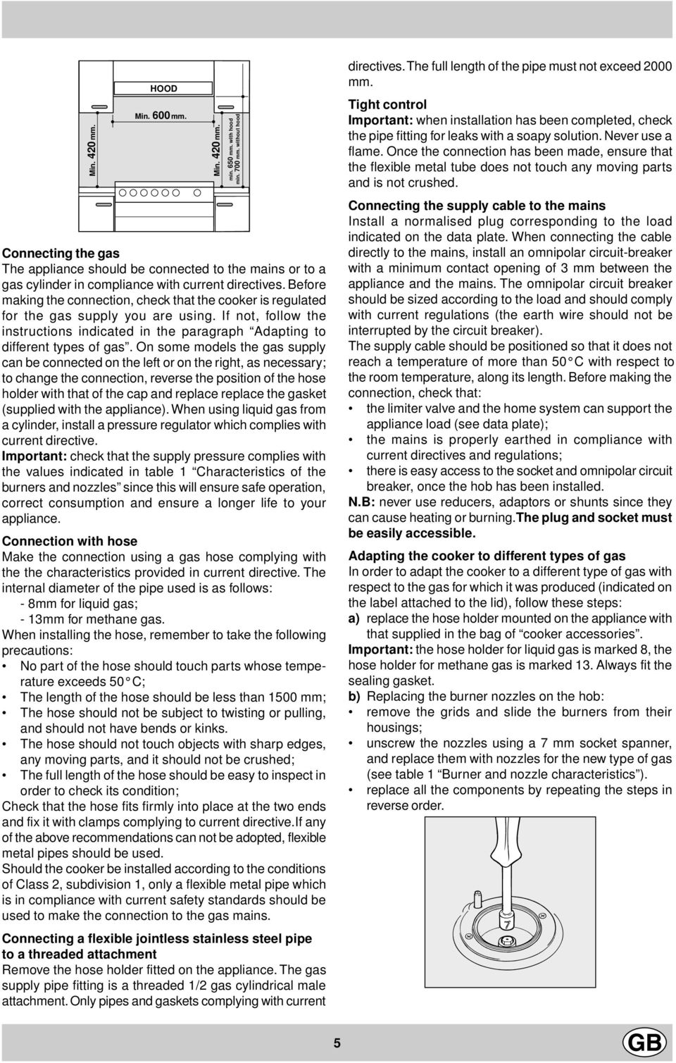 On some models the gas supply can be connected on the left or on the right, as necessary; to change the connection, reverse the position of the hose holder with that of the cap and replace replace