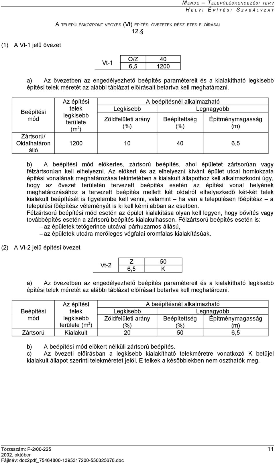 Beépítési mód Zártsorú/ Oldalhatáron álló Az építési telek legkisebb területe (m 2 ) Legkisebb Zöldfelületi arány A beépítésnél alkalmazható Legnagyobb Beépítettség Építménymagasság 1200 10 40 6,5 b)