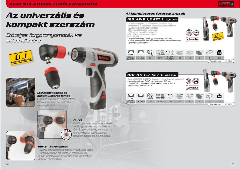 Alapfelszereltség: QuiXS gyorstokmány Ø 10 mm, QuiXS-sarokelőtét, akkumulátoros lámpa 2 db akkumulátor, gyorstöltő, profi koffer ÚJ 2-fokozatú meghajtóval ÚJ 2-fokozatú meghajtóval max.