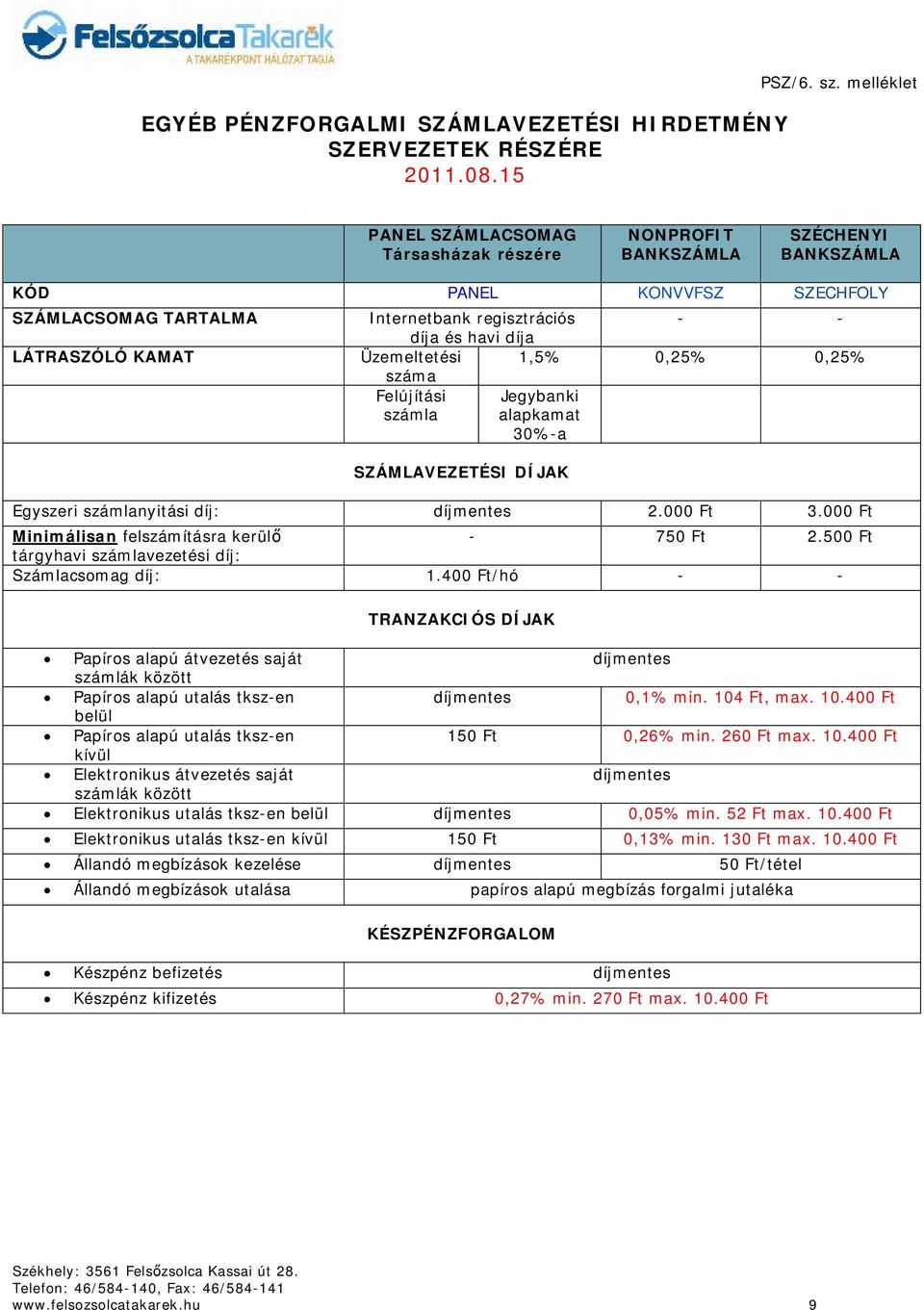 díja - - Üzemeltetési 1,5% 0,25% 0,25% száma Felújítási Jegybanki számla alapkamat 30%-a SZÁMLAVEZETÉSI DÍJAK Egyszeri számlanyitási díj: 2.000 Ft 3.000 Ft Minimálisan felszámításra kerülő - 750 Ft 2.