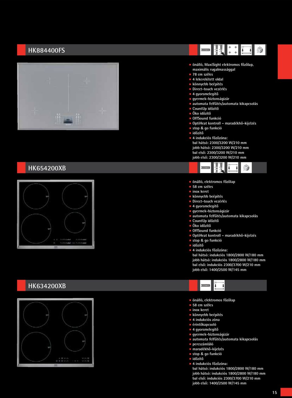 jobb hátsó: 2300/3200 W/210 mm bal első: 2300/3200 W/210 mm jobb első: 2300/3200 W/210 mm önálló, elektromos főzőlap 58 cm széles inox keret könnyebb beépítés Direct-touch vezérlés 4 gyorsmelegítő