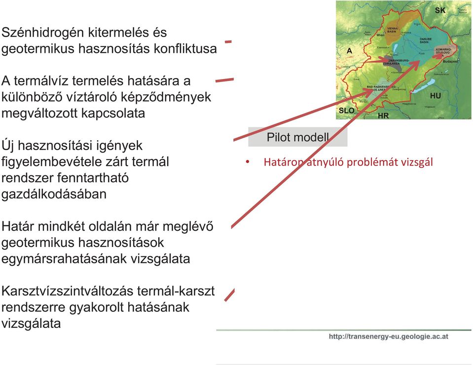 gazdálkodásában Pilot modell Határon átnyúló problémát vizsgál Határ mindkét oldalán már meglév geotermikus