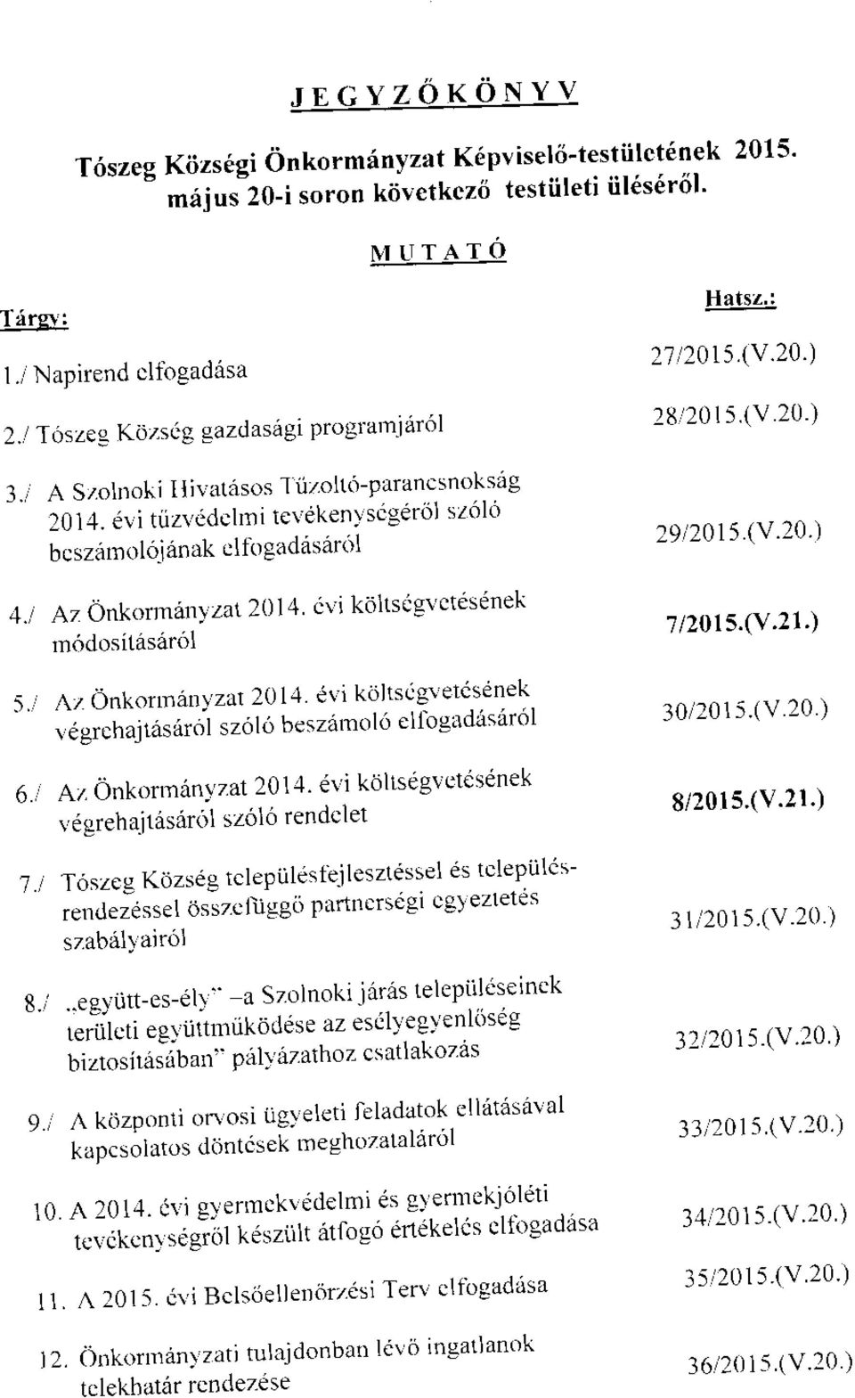 rzat 2014 '\'i kdlts'gvctdsinek modositasa16l 5., Az Onkortn6nl-zal 201'l ivi kdlts'gvetisenek. '.'lgr.lto1tdratoi sz6lo beszdmol6 ellbgirdrisrirol 6.