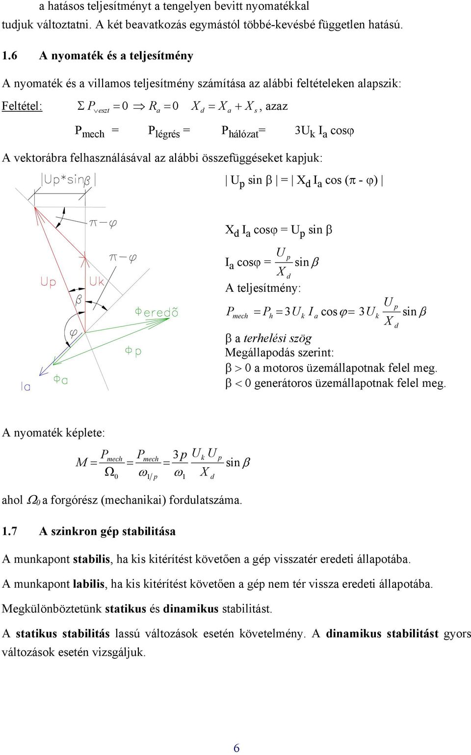 felhszálásávl z lábbi összefüggéseket kpjuk: p si β = X d I cos (π - ϕ) X d I cosϕ = p si β I cosϕ = p si β X d A teljesítméy: P P I mech = h = 3 k cosϕ = 3 k si β X d β terhelési szög Megállpodás