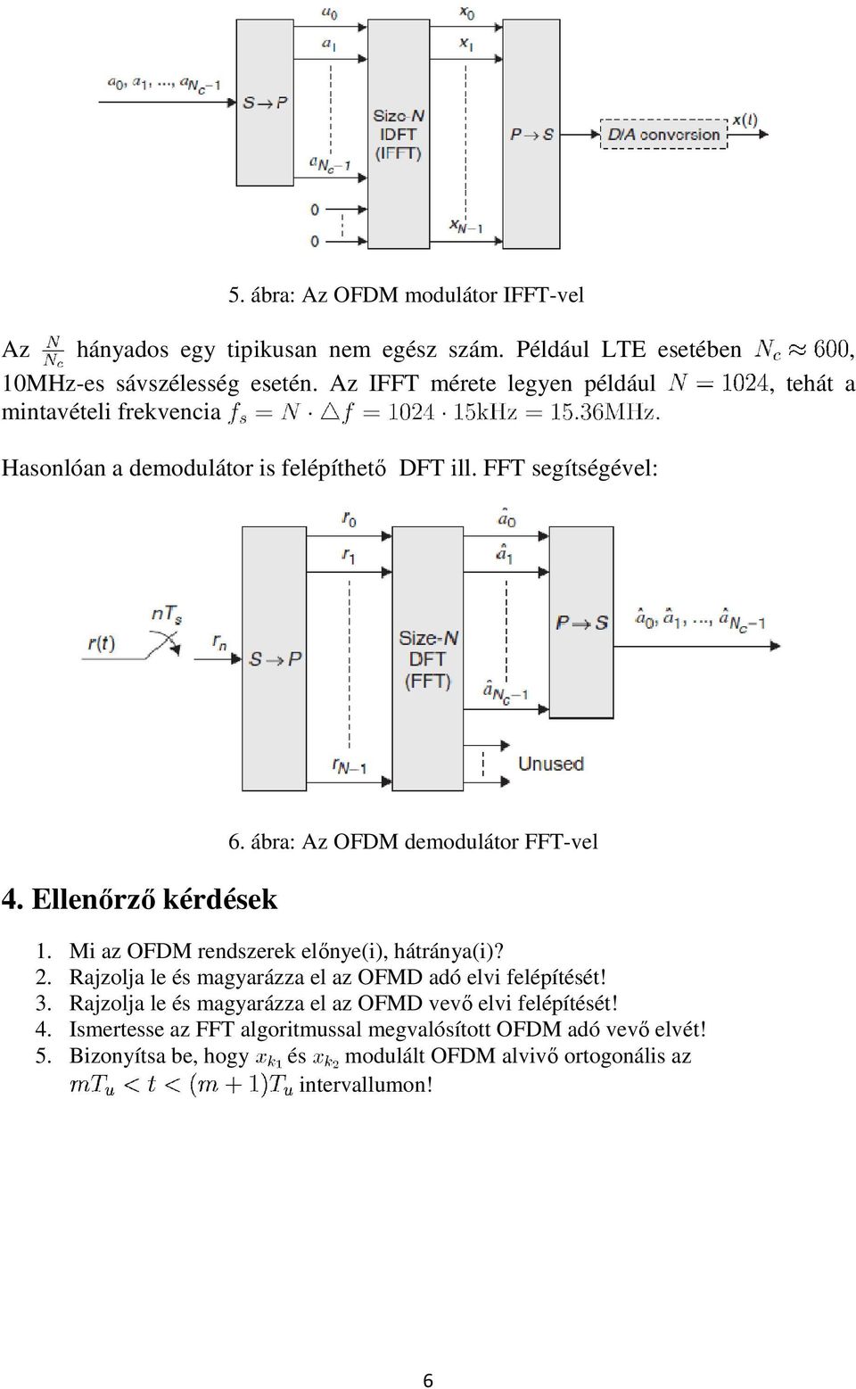 ábra: Az OFDM demodulátor FFT-vel 1. Mi az OFDM rendszerek előnye(i), hátránya(i)? 2. Rajzolja le és magyarázza el az OFMD adó elvi felépítését! 3.