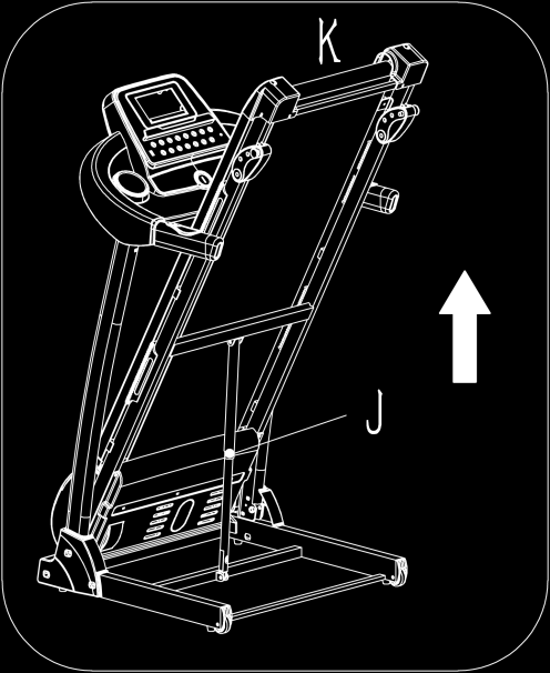 A FUTÓPAD ÖSSZECSUKÁSA-NYITÁSA Összecsukás: Fogja meg a gépet a K-val jelzett részen és húzza felfelé a nyíl irányába, amíg nem hallja, hogy a henger (J) beakad, bezárul.