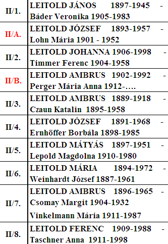 LEITOLD családfába feldolgozott 18 család I. ág Josephus (1727-1787) - Elizabetha (.-1790) II. ág Laurentius (1720-1804) - Catharina (... -...) I/1. I/2. I/3. I/4. I/5. I/6. I/7. I/8.