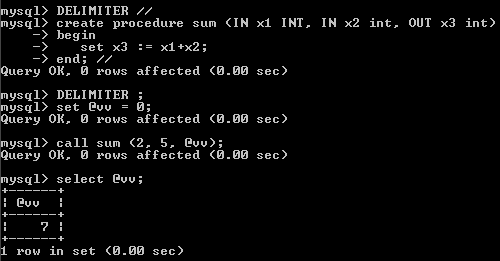 IN, OUT paraméter példa DELIMITER // create procedure sum (IN x1 INT, IN x2 int, OUT x3