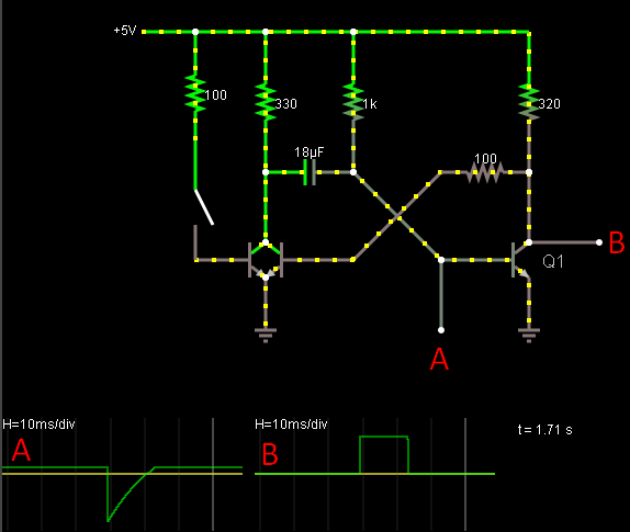 Monostabil multivibrátor- szimuláció A működés ellenőrzésére kivezettük Q1 bázisának és kollektorának (a közös ponthoz viszonyított) feszültségét.