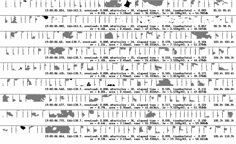 2. Tudománytörténeti áttekintés 2.5. ábra: A 2D-C szonda által végzett mérések kimeneti képe (az árnyékok az egyes detektált hidrometeorokhoz kapcsolódnak) (Forrás: UCAR; eredeti színezést ld.