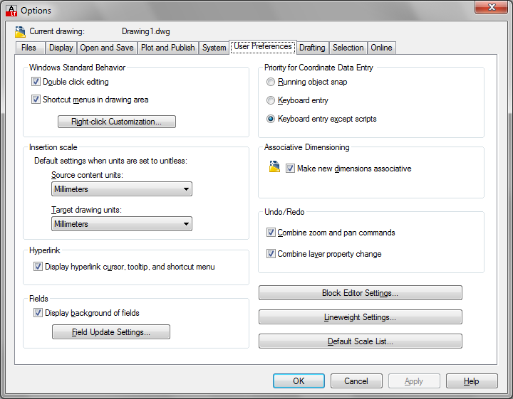 20 EGEREK Tools/Options parancsával, illetve az AutoCAD ikon menüjének Options parancsával megjelenített párbeszédpanel User Preferences lapján (lásd az 1-2. ábrát).