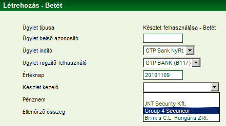 Az ügyfél adott készlet kezelőnél lévő aktuális egyenlegének megtekintéséhez a készlet tulajdonosát (Ügylet indító) és kezelőjét (Készlet kezelő) ki kell választani a képernyőn.