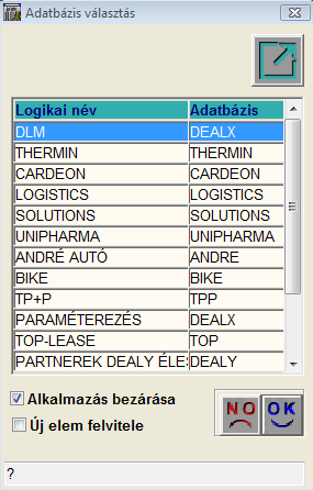 Amennyiben a kiválasztott adatbázishoz nem tud kapcsolódni a rendszer az aktuális konnekció paramétereivel (nincs konnekt jog, nincs olyan felhasználó rögzítve stb.