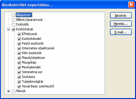 A munkaterület beállítása 11 3. ábra A párbeszédpanelen jelölőnégyzetekkel választjuk ki az exportra szánt elemeket.